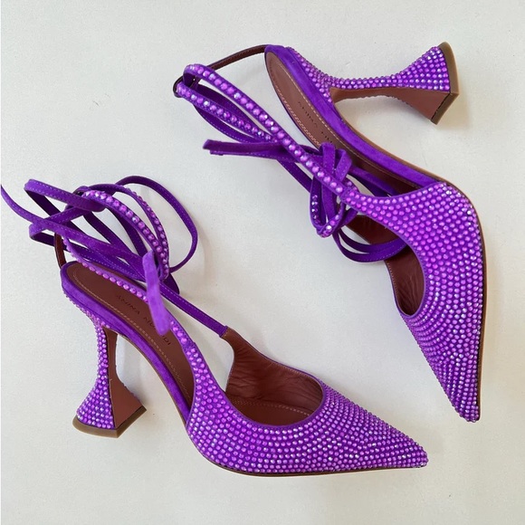 Amina Muaddi Karma Embellished Suede Crystal Embellished Lace Up Pumps Violet - Picture 2 of 9